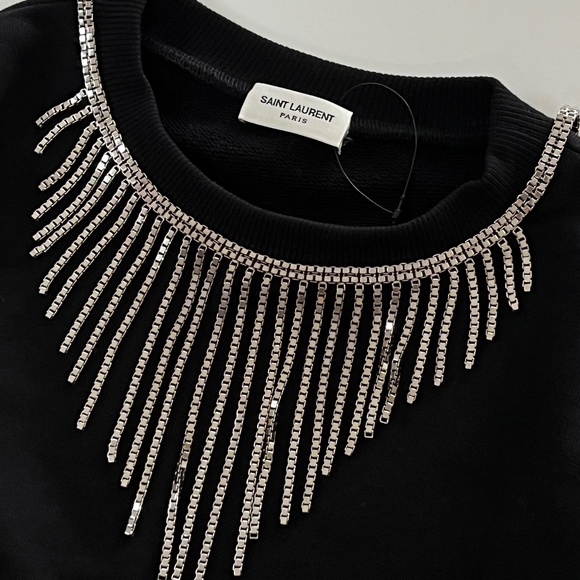 $1495 Saint Laurent Cotton Jersey Top with Necklace embellishment Black - Picture 4 of 10
